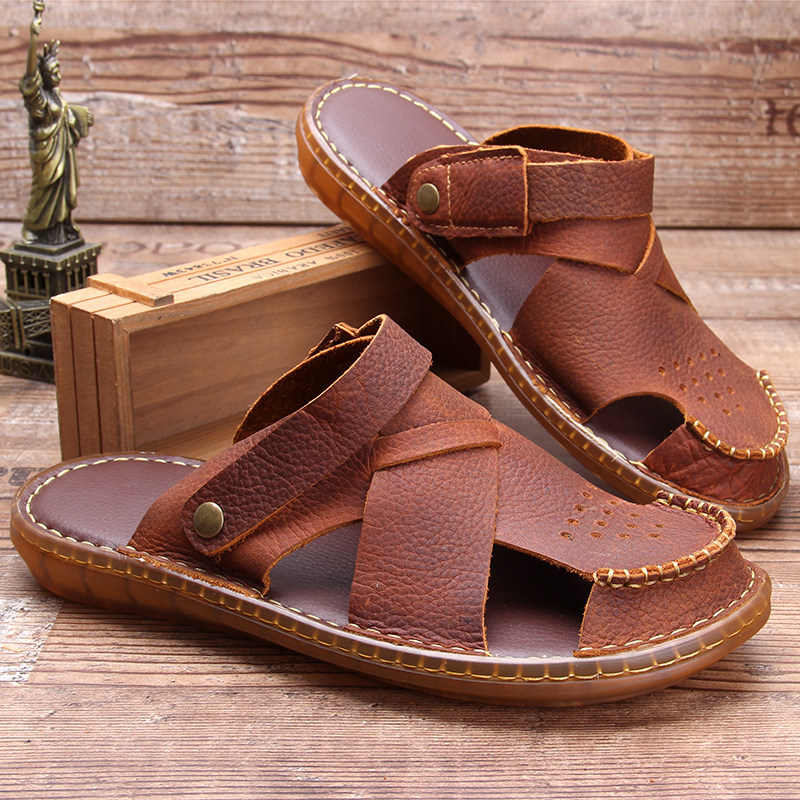 Sandals Men's Genuine Leather Baotou Trend Beach Shoes Casual Soft Bottom Non-slip 2022 Summer New Leather Sandals Tendon Bottom