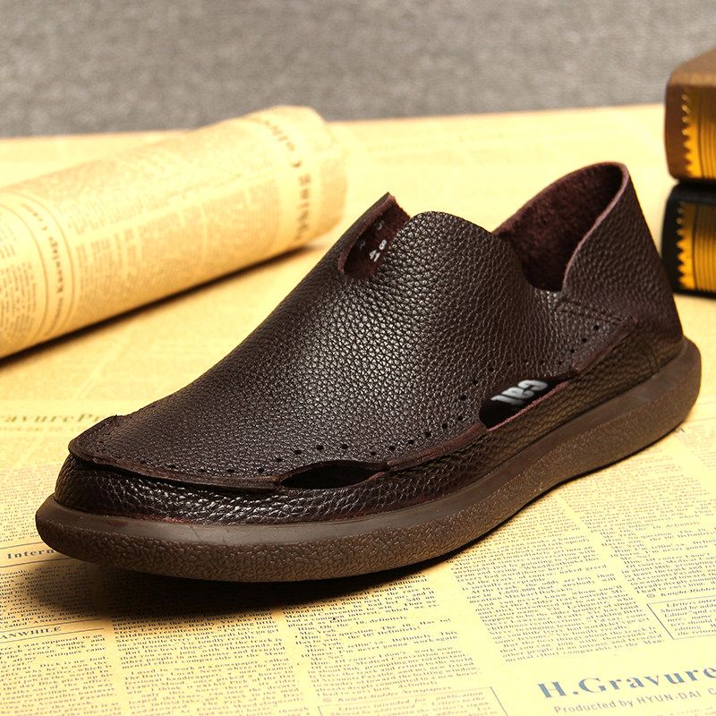 Baotou leather sandals men's leather casual non-slip soft bottom cowhide summer beach sandals hole shoes hollow leather shoes men