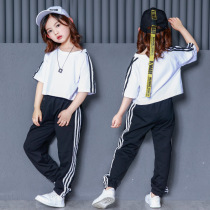 Street baby girl kids Street Dance short sleeve T-shirt base shirt three bars long pants suit jazz dance