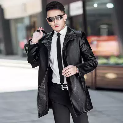 Leather windbreaker men's medium and long version 2021 new young and middle-aged leather jacket jacket slim business formal sheepskin tide