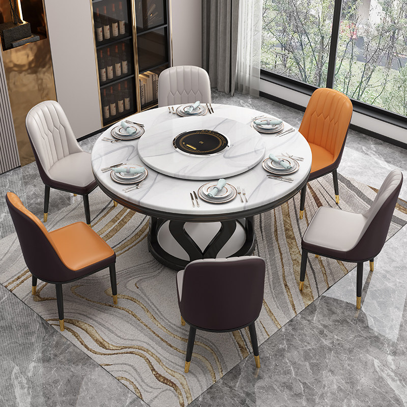 Marble Round Table Solid Wood Table with turntable Home Dining Table Light Extravagant Round induction cooktop Dining Table And Chairs Combination
