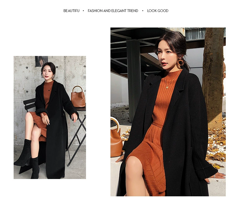 Áo khoác cashmere hai mặt màu đen thủ công Hepburn nữ mùa thu đông 2018 mới qua đầu gối áo len dài phần bóng - Accentuated eo áo