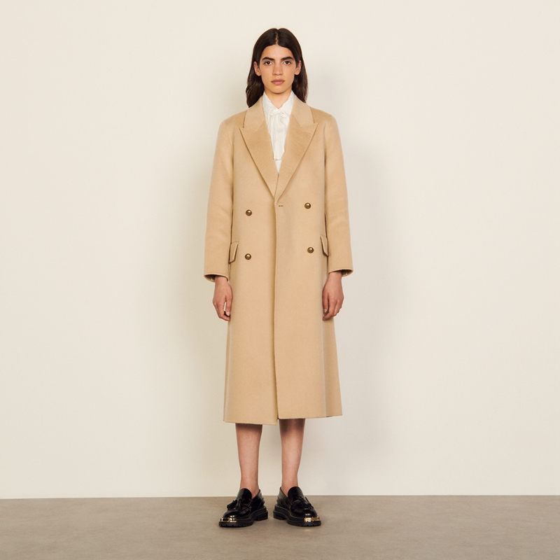 SANDRO milk tea suit collar double breasted long wool coat coat coat 21 autumn winter SFPOU00383