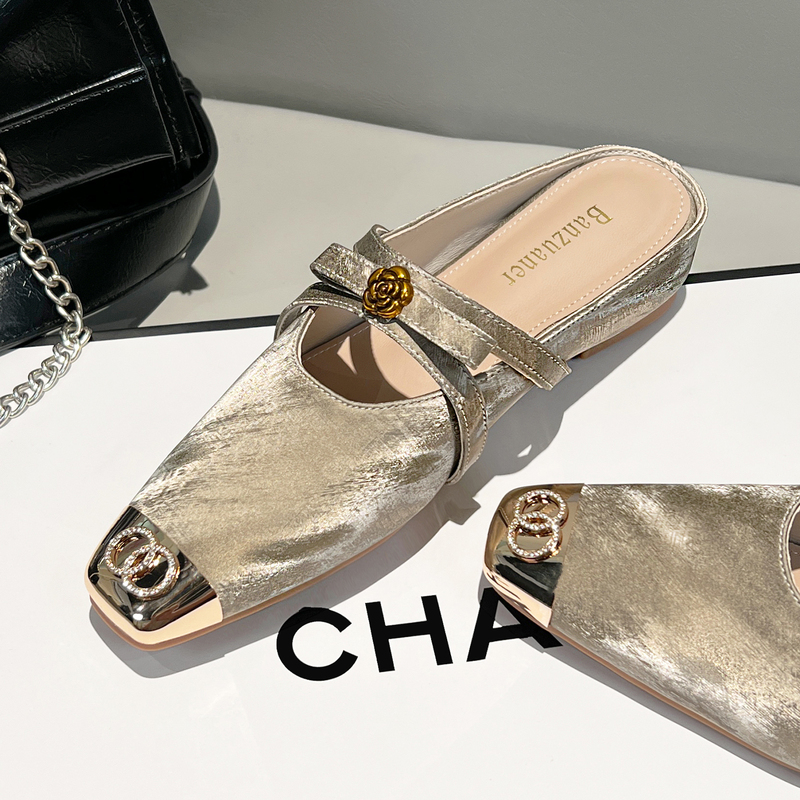 Sheepskin Version ~ 5cm Height Increase Square Toe Metal French Bow Mule Sandals for Women, Summer Outdoor Wear, Comfortable Closed-Toe Slippers Sheepskin Version ~ 5cm Height Increase Square Toe Metal French Bow Mule Sandals for Women, Summer Outdoor Wear, Comfortable Closed-Toe Slippers