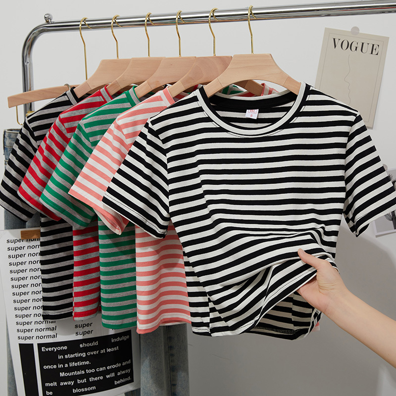 Pure Cotton, Regular Shoulder, Short Style, High-Waisted, Color-Blocked Striped Short-Sleeve T-Shirt for Women, Summer, Petite, Unique Design, Niche, Distinctive Top Pure Cotton, Regular Shoulder, Short Style, High-Waisted, Color-Blocked Striped Short-Sleeve T-Shirt for Women, Summer, Petite, Unique Design, Niche, Distinctive Top