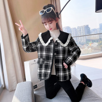 Girls woolen coats for autumn and winter new styles childrens houndstooth coats medium and large children small fragrant style plus velvet tops