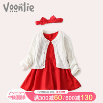 Where hunting childrens clothing female baby dress spring and autumn red baby princess skirt Yang Qi Yeqi one-year-old dress