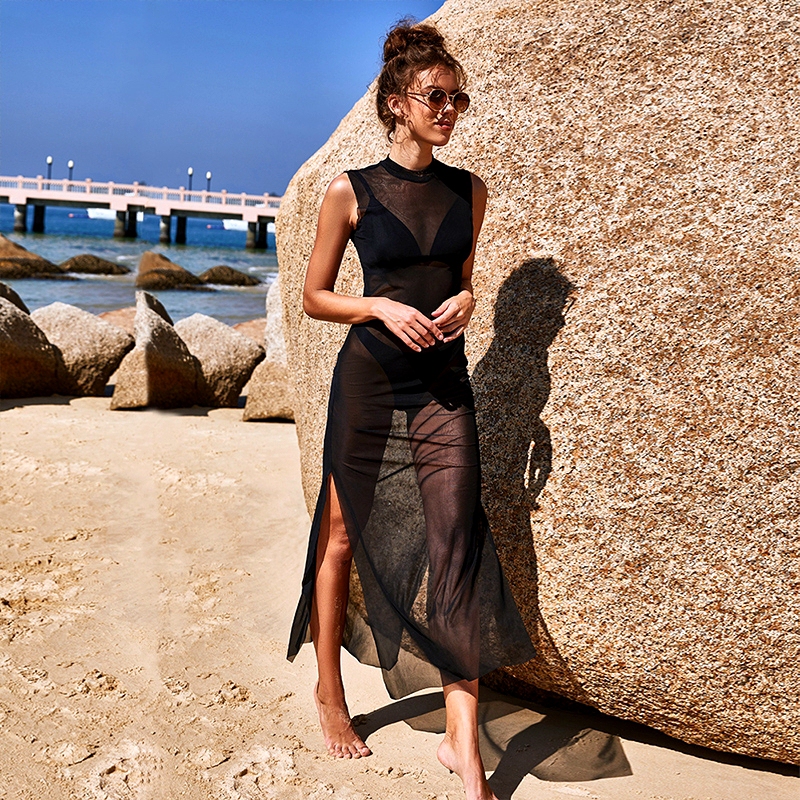 Fresh and Slim-Fitting Fishnet Women's Clothing, Sexy See-Through Hollow Mesh Slit Tank Top Dress, Beach Cover-Up Dress