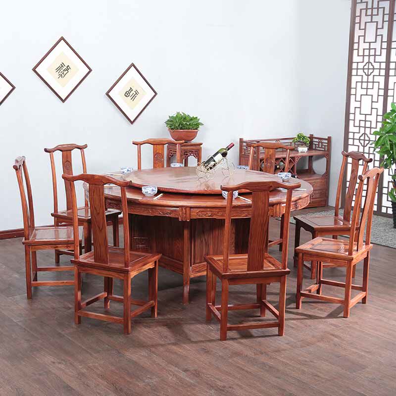 Solid wood round table dining table and chairs combined with turntable Chinese elm wood hotel Grand round table folding table for home