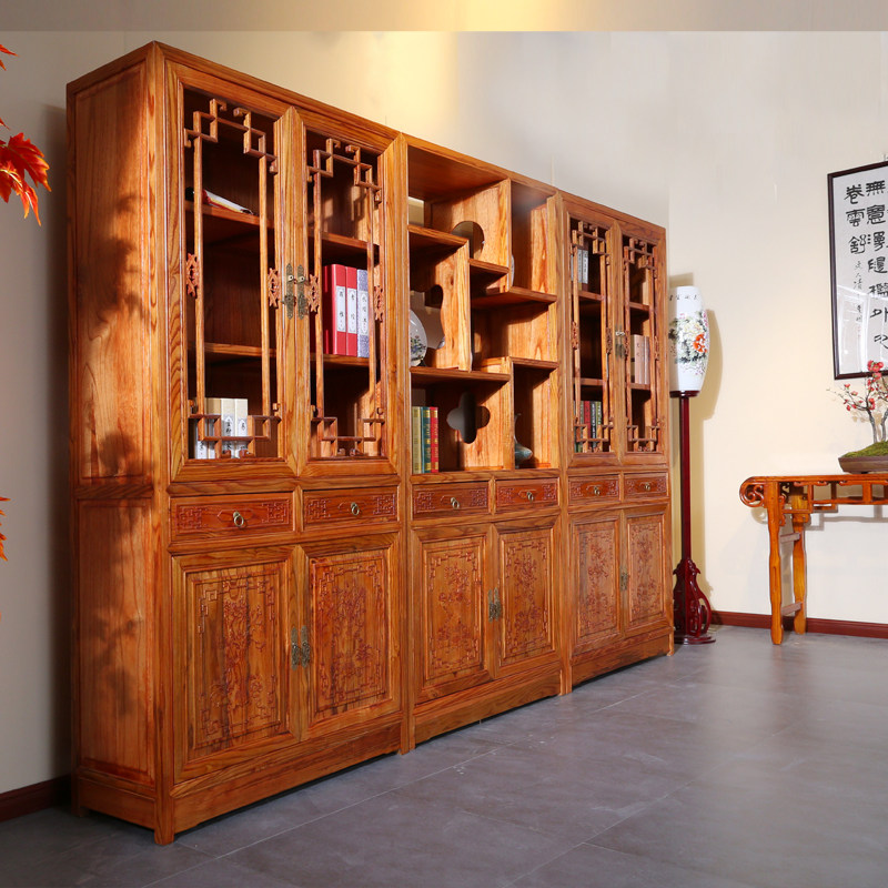 Solid wood bookcase three combination carved integrated glass door display cabinet elm wood home antique glass door bookcase table cabinet