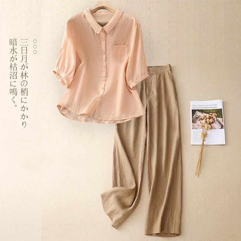 European Style Short-Sleeved Cotton and Linen Suit for Women 2026 New Summer High-End Fashion Linen Shirt Wide-Leg Pants Two-Piece Set