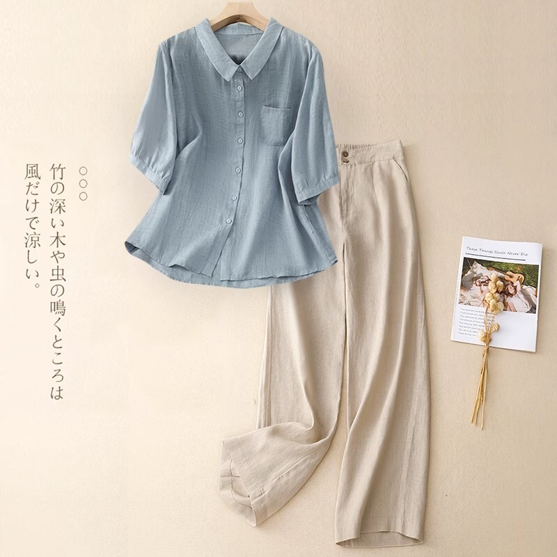 European Style Cotton and Linen Shirt Casual Sports Suit for Women 2026 Summer New High-End Fashion Loose Two-Piece Set