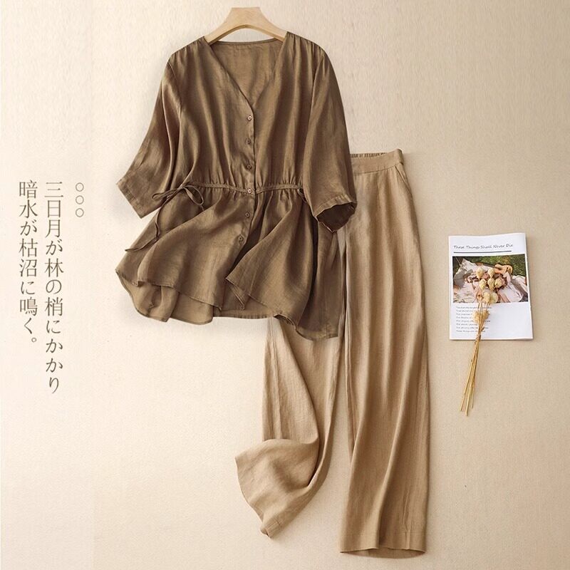 European Style V-Neck Cotton and Linen Casual Sports Suit for Women 2026 New Summer Fashion Matte Wide-Leg Pants Two-Piece Set
