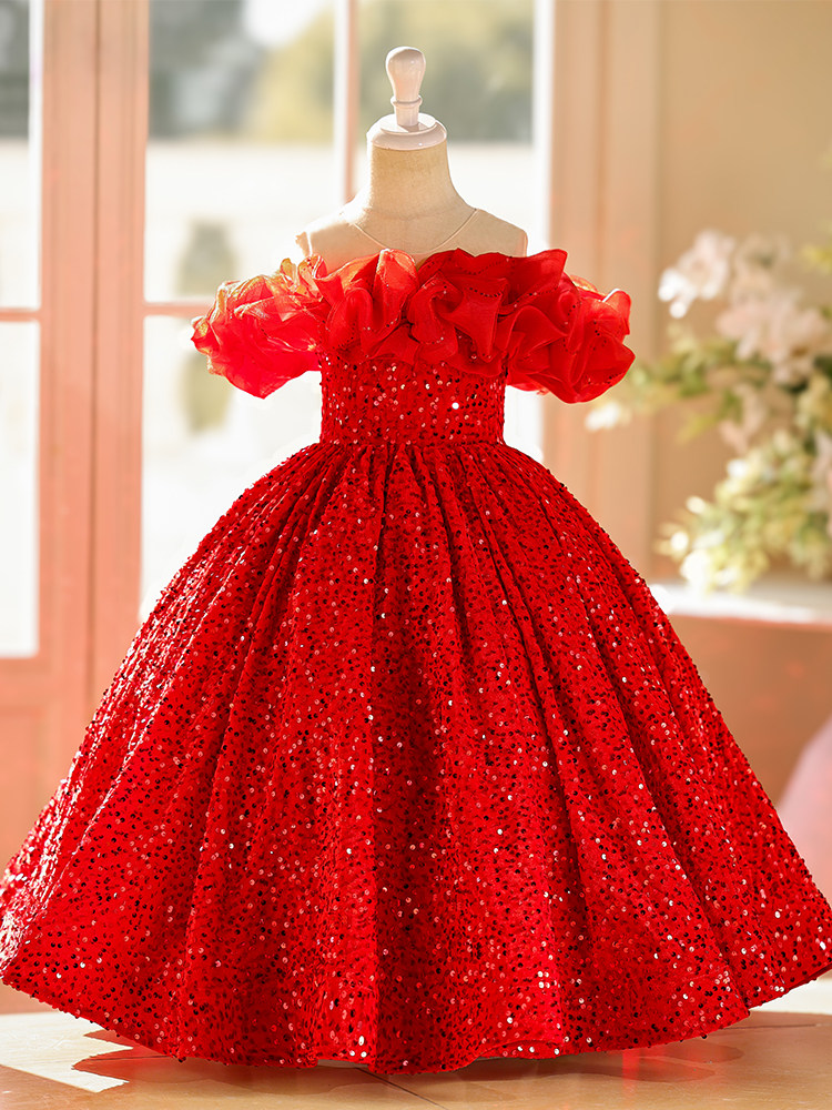 Girls' Dress, Princess Dress, Red Runway Show Host, Kidsren's Dress, Piano Performance Dress, Wedding Flower Girl Dress