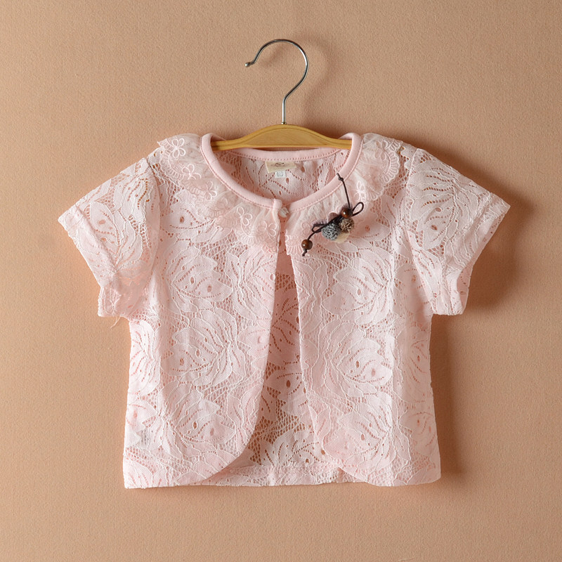 Girls Princess Short sleeve openwork jacket shawl thin section Children's waistband Lace one button dress shawl top tide
