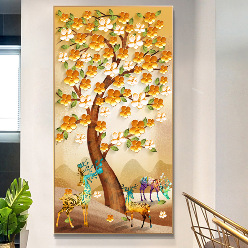 2022 new cross stitch porch elk fortune gold tree vertical version living room thread embroidery own embroidery handmade atmosphere full