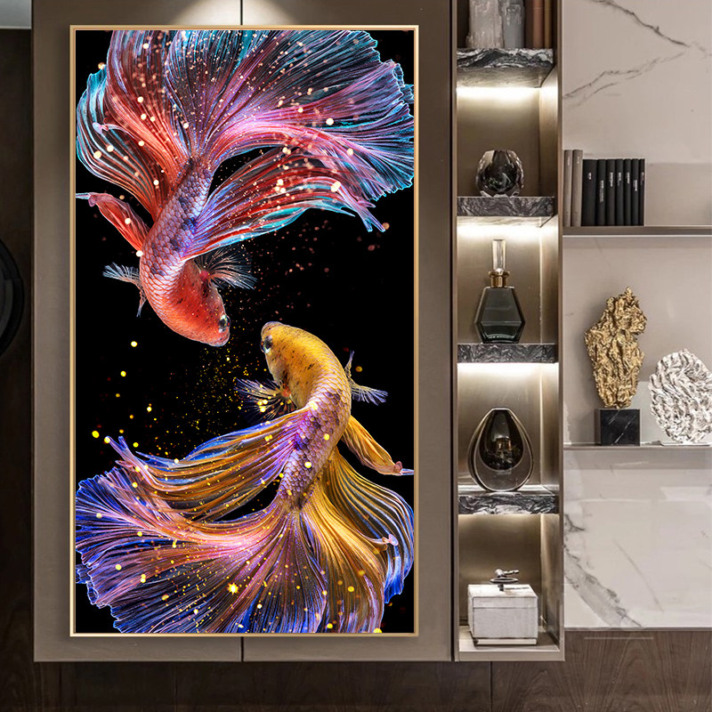 2022 new cross stitch Pisces porch fighting fish figure vertical version living room line embroidery carp figure own embroidery handmade atmosphere