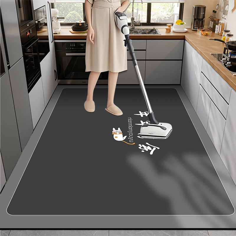 Kitchen floor mat is non-slip, oil-proof, water-absorbent and stain-resistant and can be cut