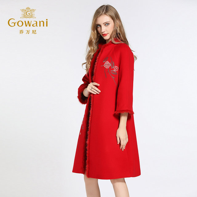 Giovanni Cashmere Coat Women's New Red Embroidered Straight Mink Wool Coat Women's Mid-Length Thickened