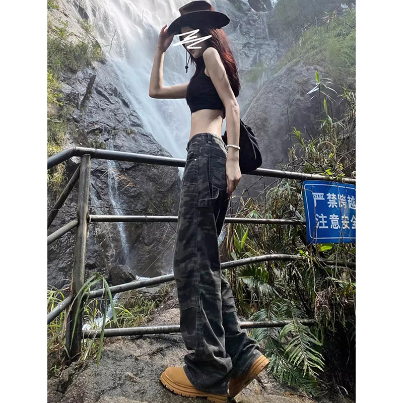 American-Style Camouflage Cargo Pants for Women, Summer 2026 New Denim Pants, Petite Army Green Hip-Hop Hiking Wide-Leg Pants