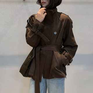 英伦风翻领收腰中长风衣女麂皮绒外套TARU秋季新款经典休闲上衣潮
