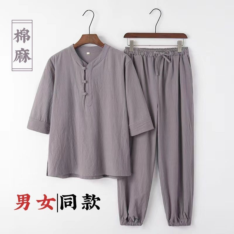 Linen Suit for Men, Loose Large Size Casual Trousers, Men's Clothing, Chinese Style, Summer Thin Style, Three-Quarter Sleeve Cotton and Linen Two-Piece Set