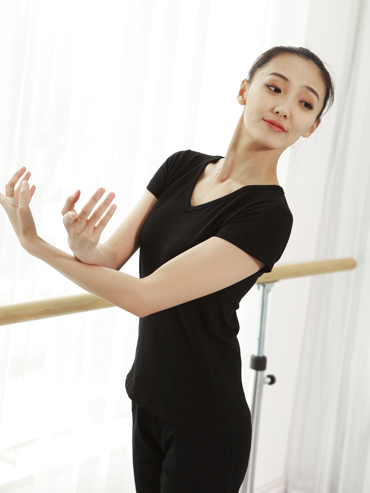 Shi Yi dance practice suit female V-neck ballet short-sleeved top dress tight body suit black dance suit