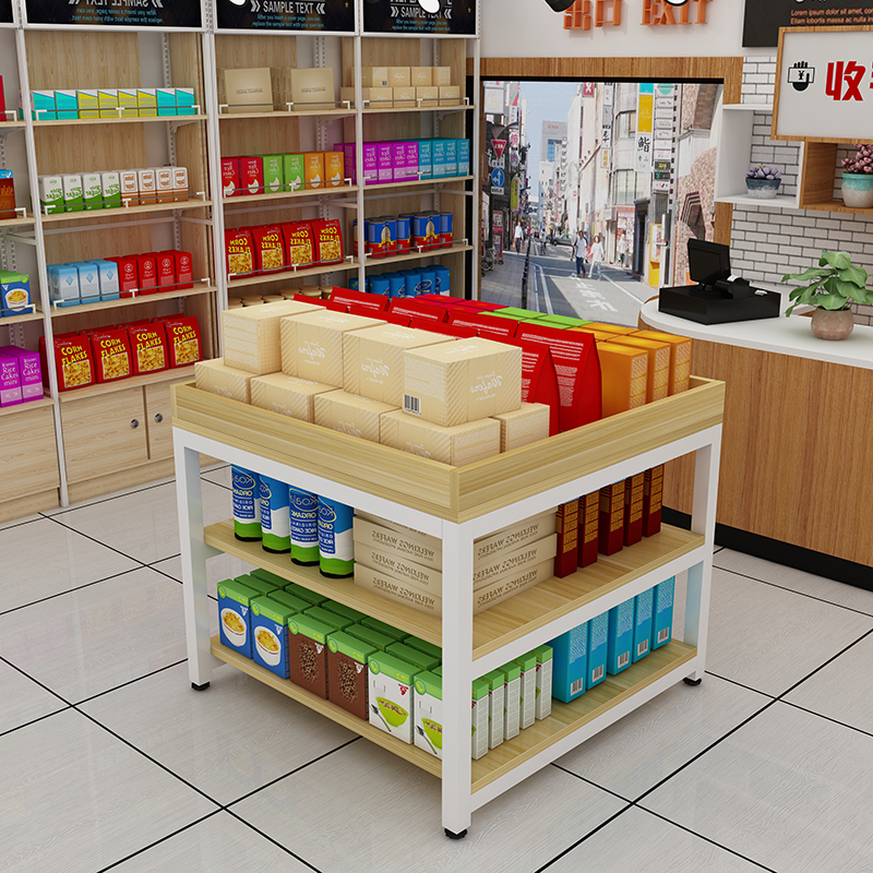 Supermarket shelves Steel wood edible oil promotion table thickened milk floor stacking rack Three-layer beverage gift display rack