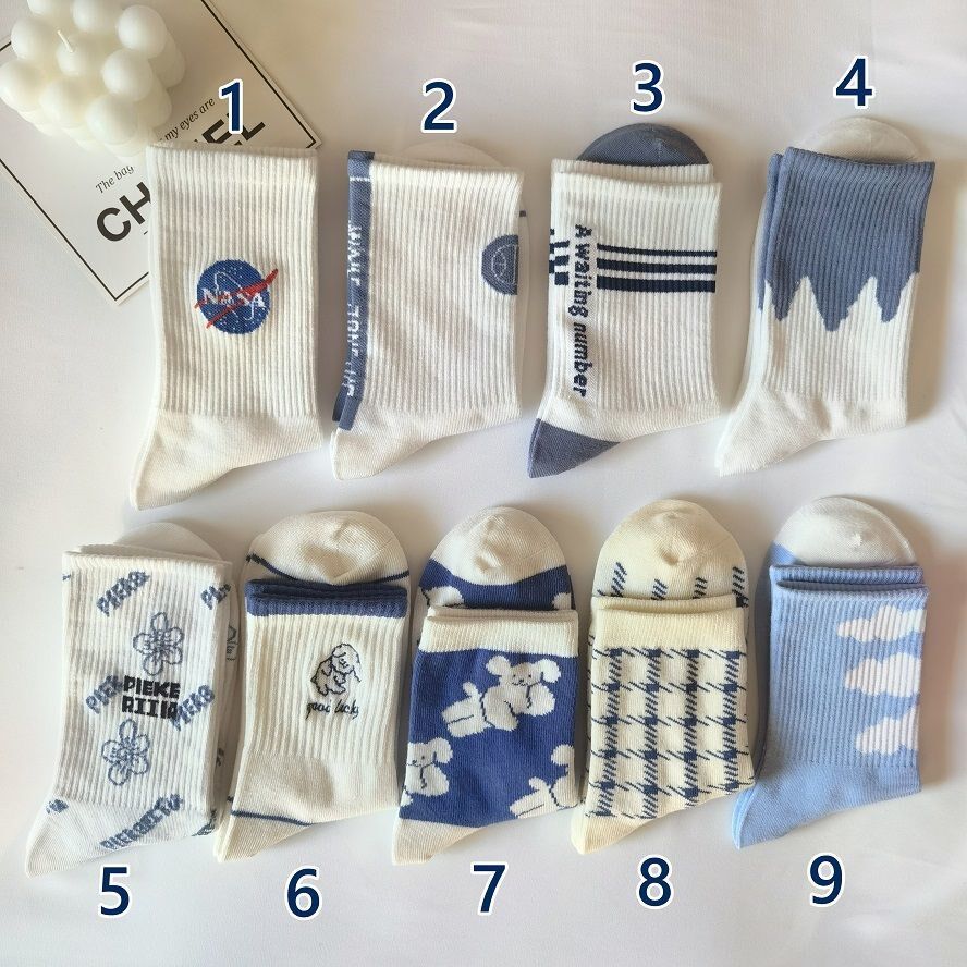 Socks ins women's mid-tube tide blue Japanese Harajuku style Korean student sports long tube couple socks autumn and winter