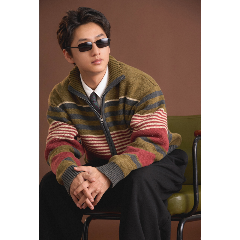 Heji Hong Kong Style/Old-Fashioned Retro Vintage Distressed Pure Cotton Stand-Up Collar Knitted Cardigan Sweater Jacket, Unisex