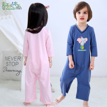 children's one-piece pajamas thin summer ninth sleeve long pants boys and girls baby home clothes anti-kick belly pure cotton