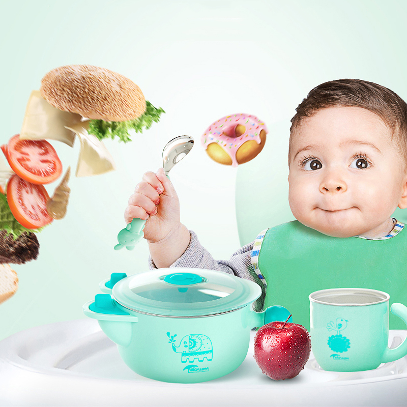 Teknum children's tableware set infant water injection insulation bowl baby non-staple food bowl stainless steel anti-fall suction cup bowl