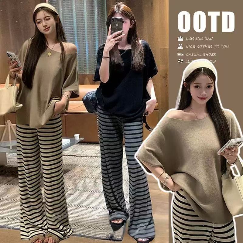 2026 Summer New Style Relaxed Fit Off-Shoulder Knit Top Two-Piece Set Maternity Wear Striped Casual Wide-Leg Pants