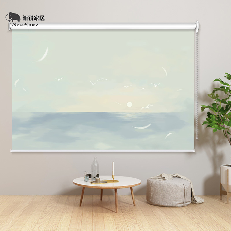 Nordic ins Simple Modern Curtains with Printed Design, Hand-Pull Adjustable Blackout Curtains for Living Room, Kitchen, and Bedroom, No-Drill Fresh Roller Blinds