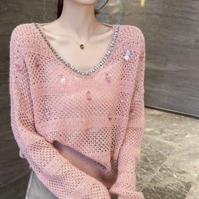 Heavy-Duty Rhinestone Embellished Fashionable Sequin V-Neck Hollow-Out Knit Sweater for Women, New Spring and Autumn Style, Loose Fit, Slimming, Lazy Long-Sleeve Top