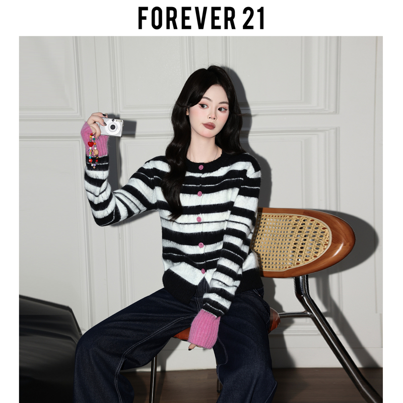 Forever 21 Super Stylish Color-Block Striped Knit Cardigan for Women, Autumn Korean Style Loose Top, Round Neck Long-Sleeve Sweater Forever 21 Super Stylish Color-Block Striped Knit Cardigan for Women, Autumn Korean Style Loose Top, Round Neck Long-Sleeve Sweater