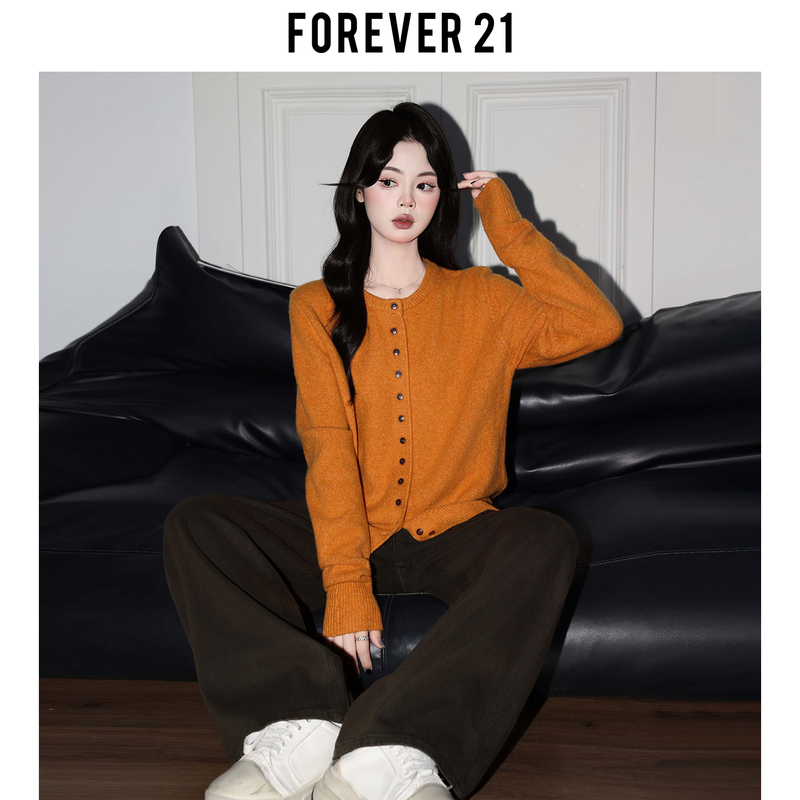 Forever 21 Unique Orange Long-Sleeved Loose Cardigan Sweater for Women Early Autumn Lazy Round Neck Soft Knitted Top Forever 21 Unique Orange Long-Sleeved Loose Cardigan Sweater for Women Early Autumn Lazy Round Neck Soft Knitted Top