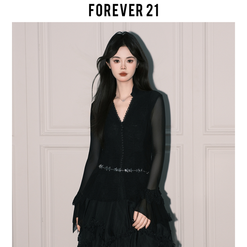 Forever 21 Mature Style Black V-Neck Lace Base Shirt for Women, French Mesh Flared Long-Sleeve T-Shirt Top