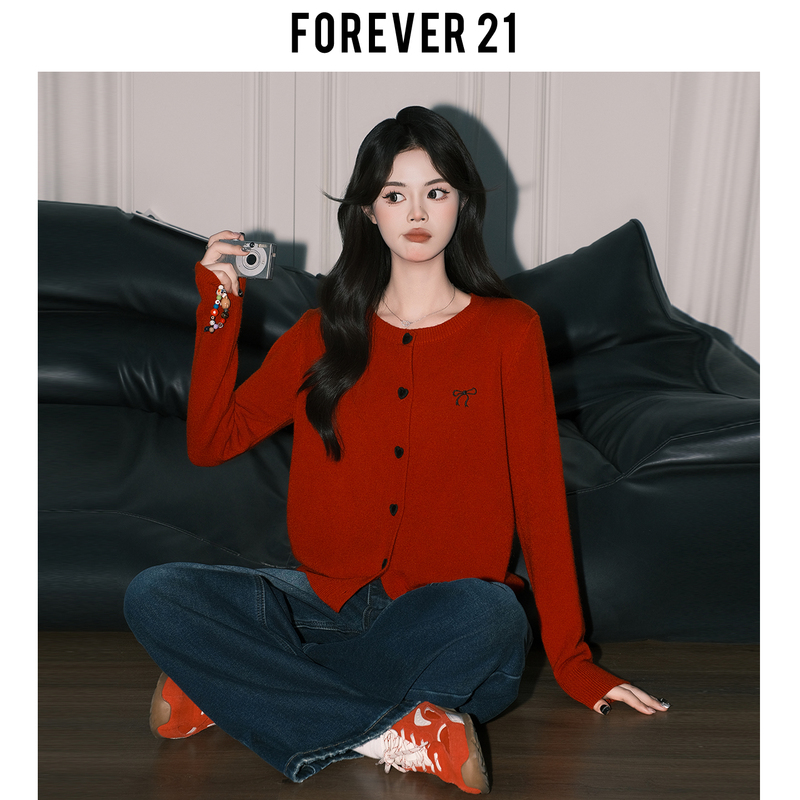 Forever 21 Atmospheric Red Heart Button Knitted Cardigan for Women, Unique Embroidered Loose Christmas Sweater Coat