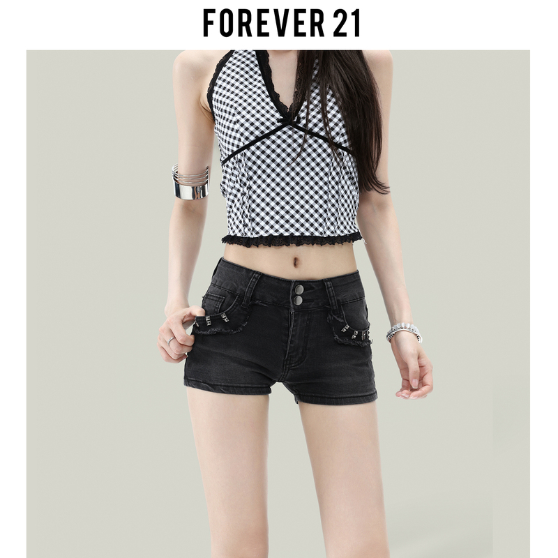 Forever21 Hot Girl Retro Black Hip-Hugging Denim Shorts for Women, Super Popular in Summer, A-Line High-Waisted Rivet Hot Pants