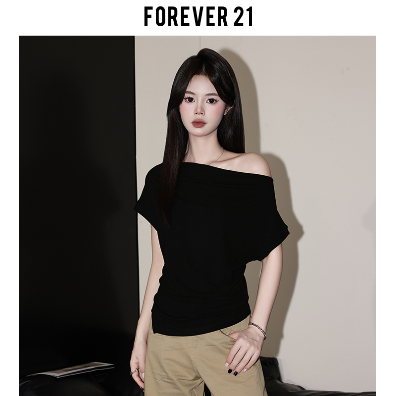 Forever 21 American Style ins Black One-Shoulder Short-Sleeve T-Shirt for Women 2026 Summer Casual Waist-Cinching Top