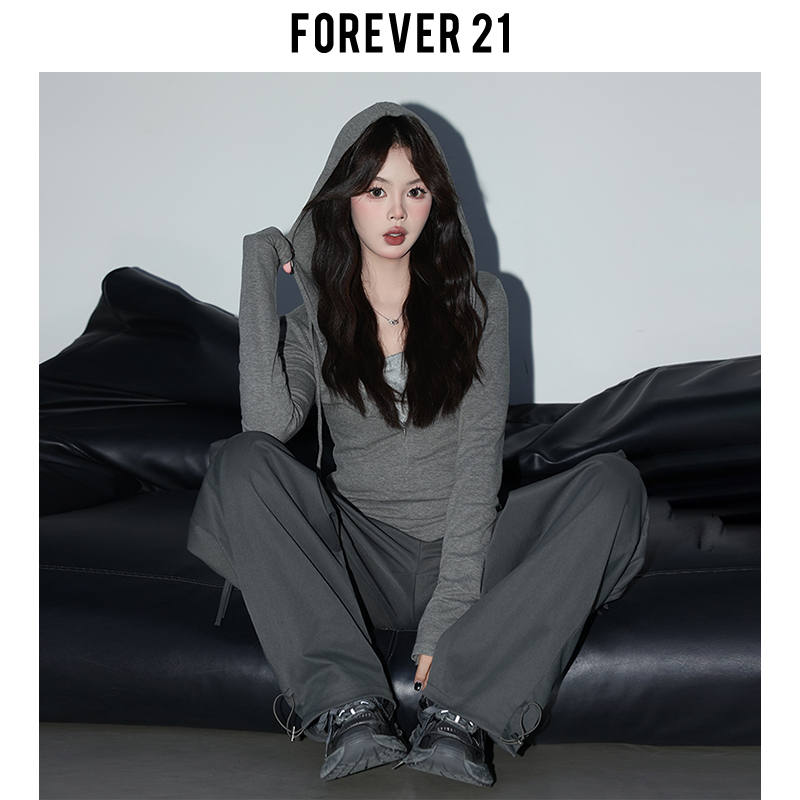 Forever 21 Stylish Gray Slim-Fit V-Neck T-Shirt for Women, Unique Faux Two-Piece Hooded Top, Long-Sleeve Shirt