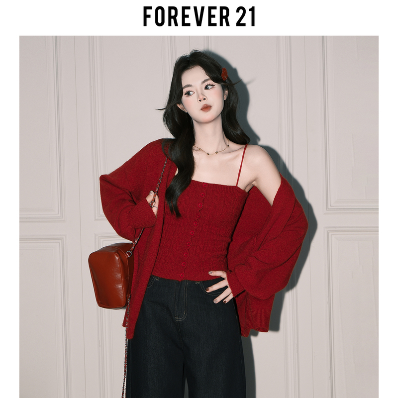 Forever 21 French-Style Red Long-Sleeved Knitted Cardigan Top for Women, Autumn Twist-Strap Blouse, Stunning Two-Piece Set