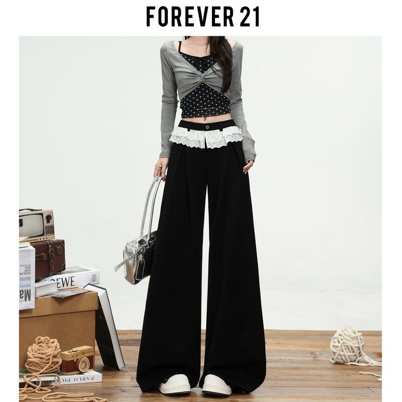 Forever 21 Retro Black Lace Patchwork Straight Casual Pants for Women 2026 High-Waisted Loose Drape Wide-Leg Pants