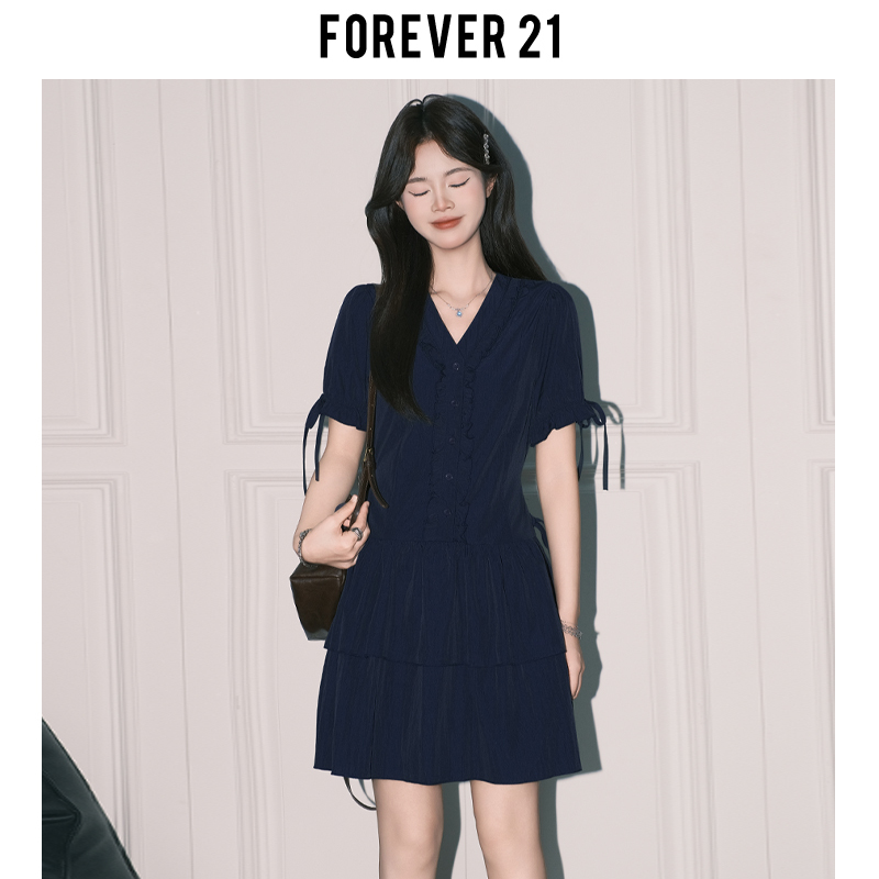 Forever 21 Super Pretty Navy Blue V-Neck Short-Sleeve A-Line Dress for Women, Summer Lace Trim Doll Cake Short Dress