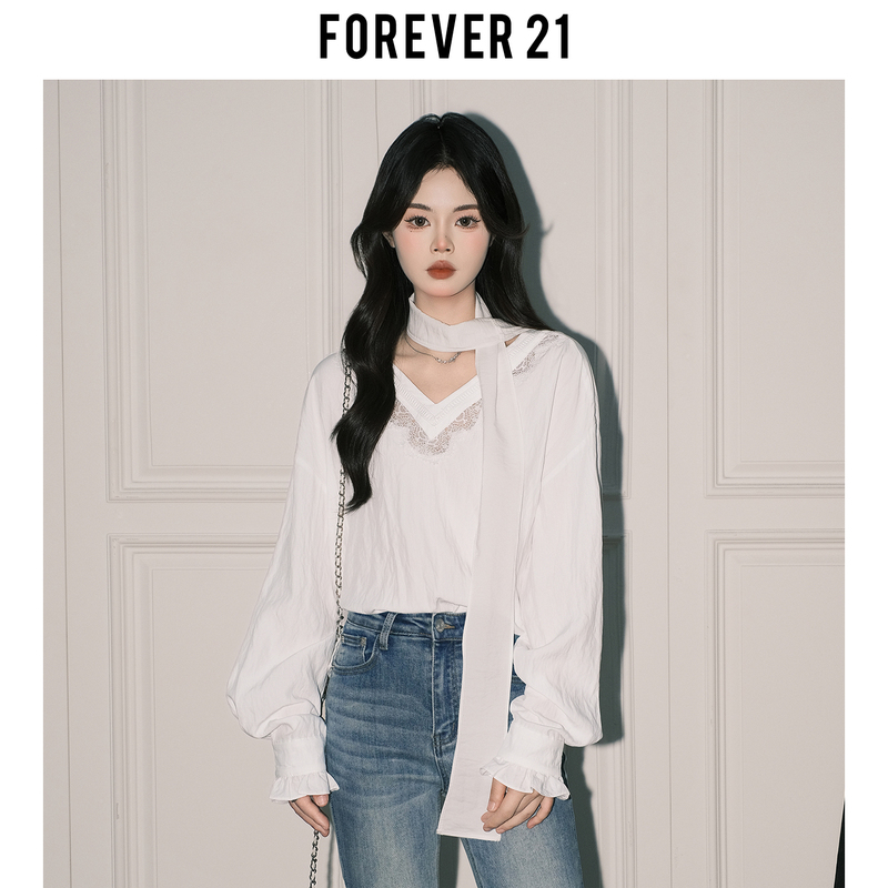 Forever21 French Lace Patchwork White V-Neck Shirt for Women, Atmospheric Ribbon Loose-Fitting Versatile Long-Sleeve Top