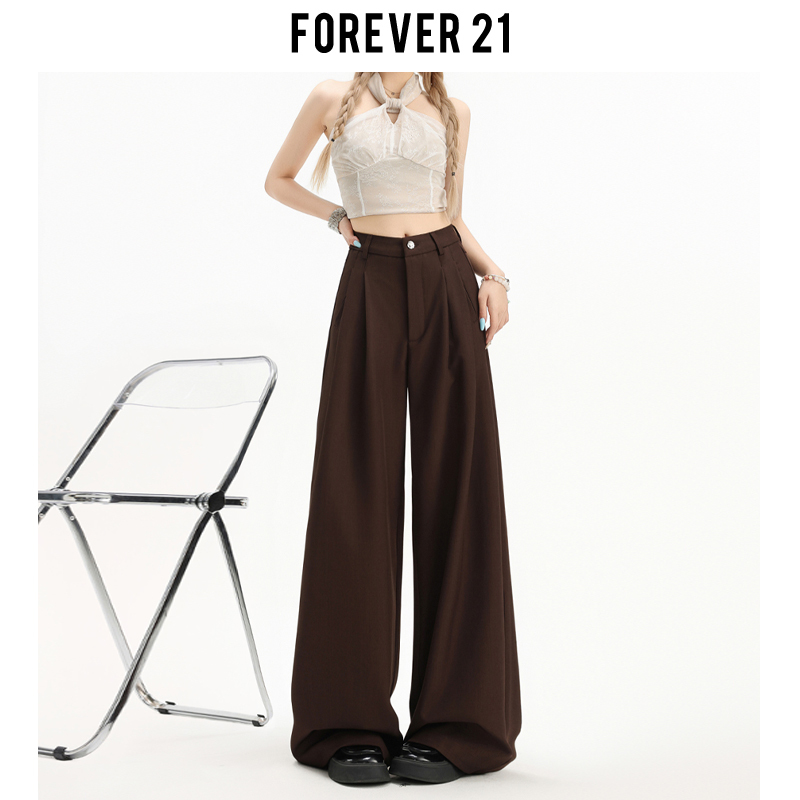 Forever 21 Melard Brown Wide-Leg Suit Pants for Women, Stylish High-Waisted Loose Drape Straight-Leg Casual Pants