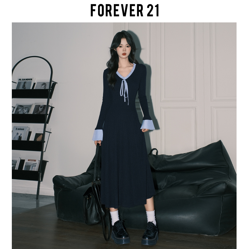 Forever 21 Korean Style Chic Lace V-Neck Knitted Dress for Women, Blue Slim Fit Flared Long Sleeve A-Line Long Dress