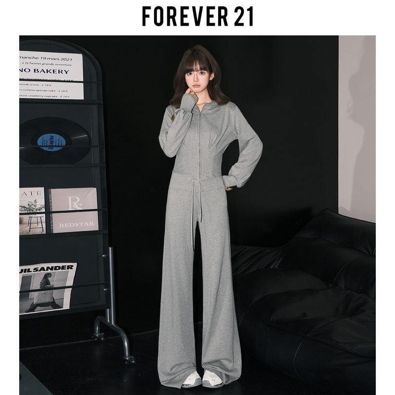 Forever 21 American-Style Slim-Fit Chic Hooded Sweatshirt Jacket for Women, Gray High-Waisted Casual Pants, Complete Sports Set