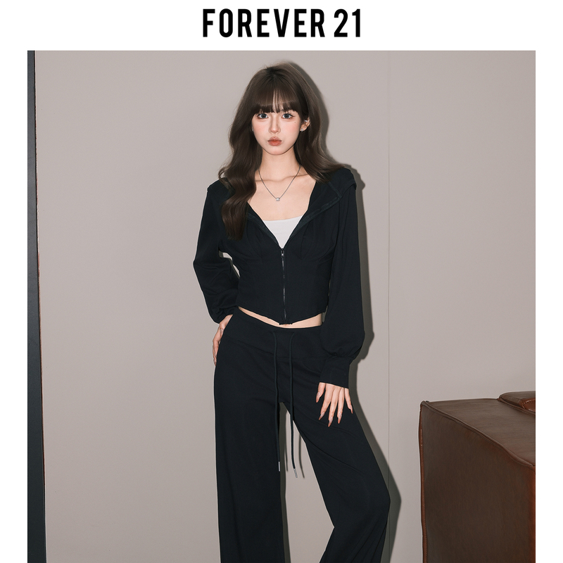 Forever 21 American-Style Hooded Top Slim-Fit Jacket Women's Black High-Waisted Casual Sweatpants Early Spring Sports Suit